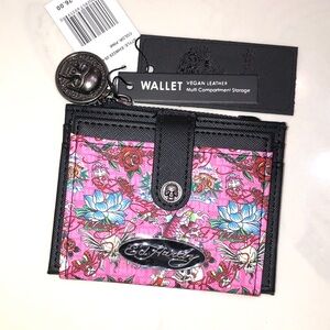 Ed Hardy Pink & Black Faux Leather Card Wallet Flower, Fish & Skull Print NWT